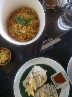 homemade pasta and not-tuna toast at Living Food Lab Canggu in Canggu