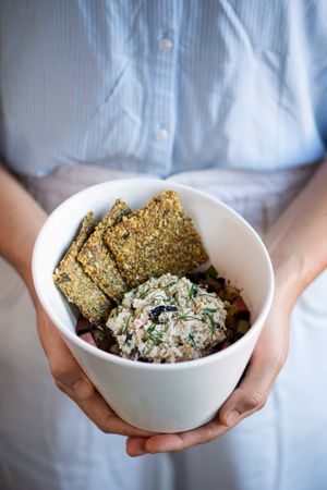 Best-selling Not-Tuna salad, served with homemade raw crackers. at Living Food Lab Canggu in Canggu