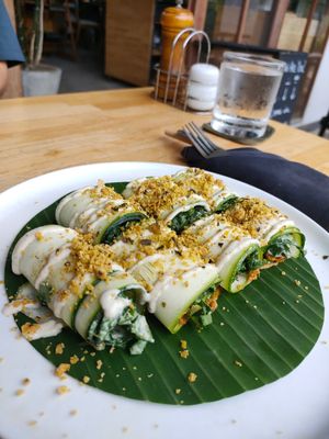 Raw Cannelloni (zucchini, tomato & herb pesto, spinach ricotta, cashew cheese, rawmesan) at Living Food Lab Canggu in Canggu