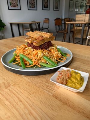 tempeh, rice, raw veggie noodles at Living Food Lab Canggu in Canggu