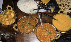 Aloo gobi, baigan bharta, Chana masala, daal  at Singhs in Montreal