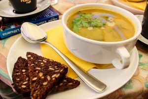 soup with dark bread at Piccadilly Wine and Chocolate in Parnu