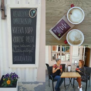 This cafe offers spectacular fresh vegan soup and pasta, quiche and salads. During summertime there will also be available "Beyond Meat" vegan burgers.  at Piccadilly Wine and Chocolate in Parnu