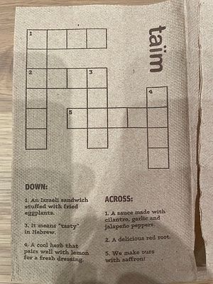 napkin crossword puzzle at Taïm in Florham Park