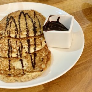 Vegan pancakes with chocolate sauce  at Zest in Dubai