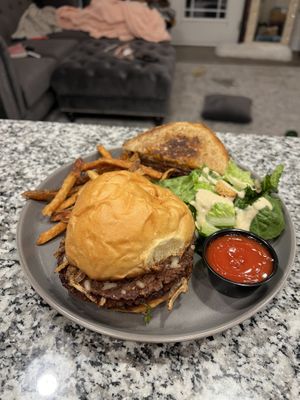 Takeout Platter (VG Cheeseburger, Patty Melt, Fries, & Caesar Salad)  at White Labs Brewing Co in Asheville
