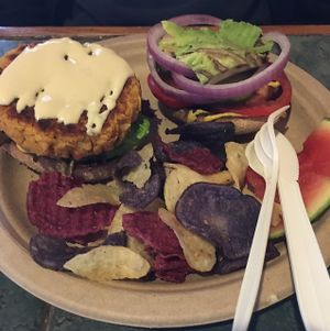 classic lentil burger with cashews cheese  at Simple Bliss Cafe in South Lake Tahoe