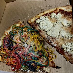 Pride pasta pizza (the weekly special) and the white pizza (good but not my fav)  at Mora Pizza Denver in Denver