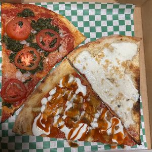 Clockwise from upper left: veggie, white sauce, and buffalo   at Mora Pizza Denver in Denver