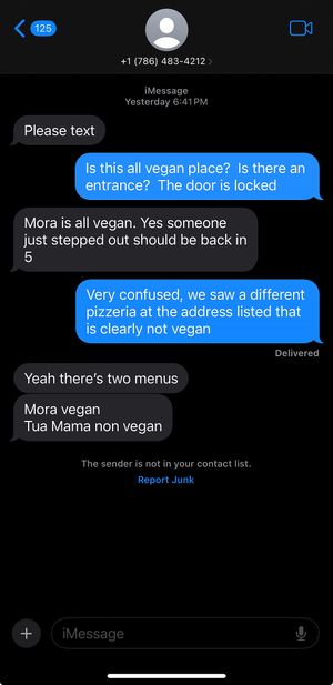 Told to text and after trying to call them back. Same business, two different “menus”. at Mora Pizza Denver in Denver