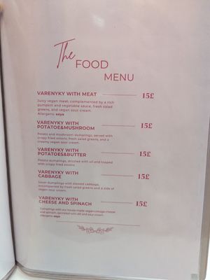 Food menu at Cream Dream in London