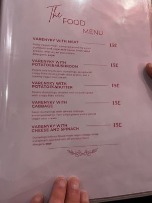 Savoury Varenyky menu  at Cream Dream in London