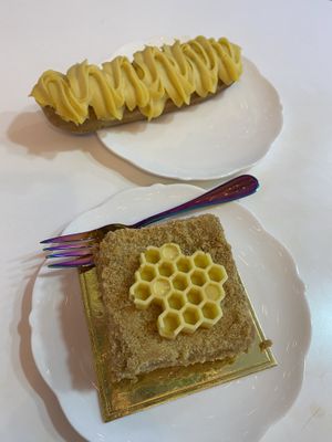 Passion fruit eclair and honey cake  at Cream Dream in London