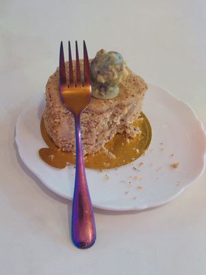 The Kyiv cake and their cool cutlery. at Cream Dream in London