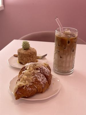 Vegan croissant, oat latte and hazelnut pastry  at Cream Dream in London