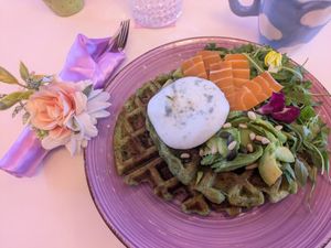 Spinach waffles with avocado, vegan salmon and vegan poached egg at Cream Dream in London