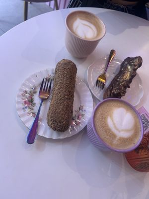 Delicious chocolate eclair and soy lattee  at Cream Dream in London