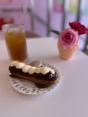 Eclair and raspberry macaron  at Cream Dream in London
