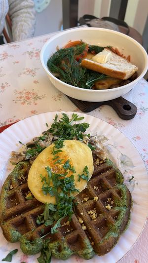 spinach waffle, kids english breakfastt  at Cream Dream - Covent Garden in London