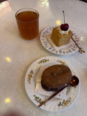 Honey (vegan) cake & Anna Coffee Caramel cake, plus Uzvar traditional fruit drink  at Cream Dream - Covent Garden in London