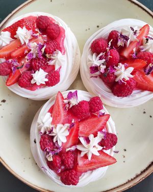 Vegan Pavlova with berries at Letters and Numbers in Yerevan