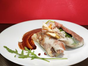 Summer Roll

A refreshing appetizer wrapped in rice paper, filled with a colourful combination of vegetables, rice noodles, and vegan meat strips or smoked vegan sausages.  at Loving Hut in Kyiv