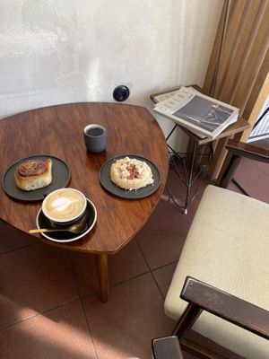 cinnamon bun, rhubarb&lavender bun and coffee   at Piekarnia Miejska in Krakow