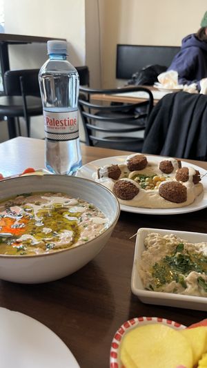foul mdamas, hummus falafel, baba ganoush   at Palestinian Restaurant - Spalena in Prague
