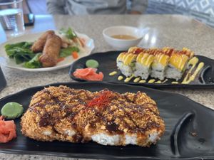 Lasagna roll, chili mango roll, “egg” roll  at VeggiEAT in Sedona