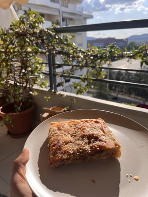Mediterranean pie with peppers and olives  at Bamboo Vegan Cafe in Athens