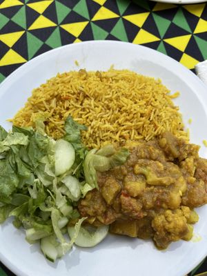 Chickpea and cauliflower curry with rice and salad  at Aya Naturals in Portland