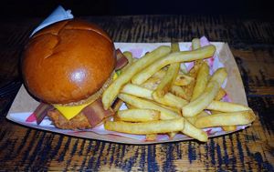 Hanks double chikn burger and fries at Hank's Dirty in Cambridge