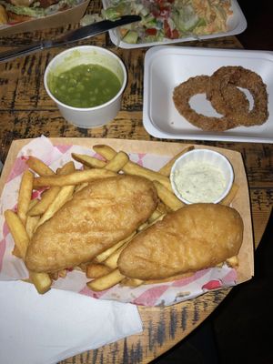 Fish & chips + onion rings   at Hank's Dirty in Cambridge