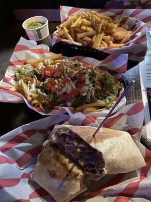 Fish and chips, chilli cheeze fries, Mexican chick’n wrap  at Hank's Dirty in Cambridge
