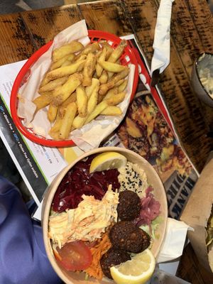 Fries and falafel bowl   at Hank's Dirty in Cambridge
