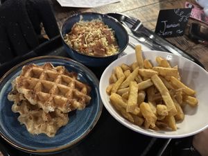 Dessert Waffle, and sides of chips and mac and cheese   at Hank's Dirty in Cambridge