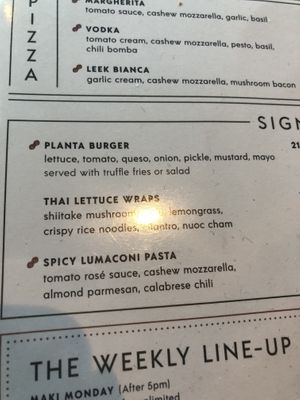 Menu  at PLANTA in Brooklyn