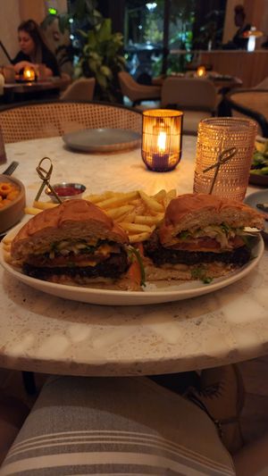 Planta Burger and truffle fries at PLANTA in Brooklyn