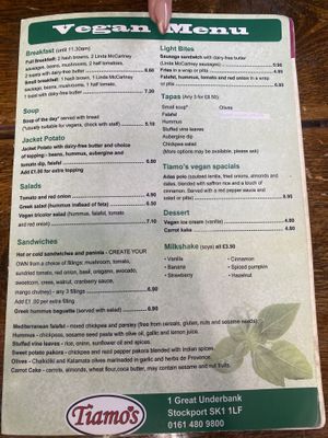 Vegan menu  at Tiamo's in Stockport
