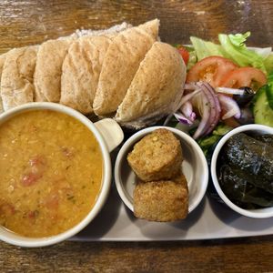3 Tapas: Red lentil soup, falafel and vine leaves   at Tiamo's in Stockport