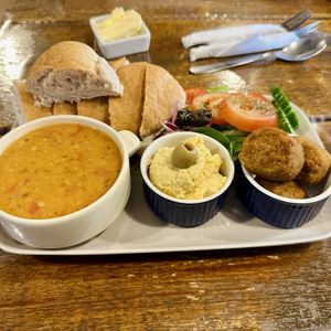 3 tapas: Red lentil soup, hummus and falafel  at Tiamo's in Stockport