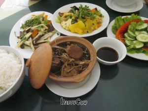 Sauteed Catfish, Sauteed 12 Vegetables, Bamboo & Mushroom, Tomato & Cucumber Salad at Nang Tam in Hanoi