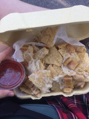 nachos with daiya mozzarella, fried tofu, and salsa at Reel Pizza Cinerama in Bar Harbor
