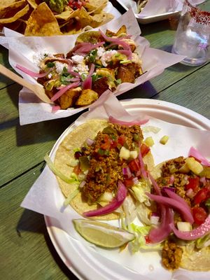 Spicy potatoes (top left), tacos al pastor (bottom right). at Antojitos - Edinburgh Street Food in Edinburgh