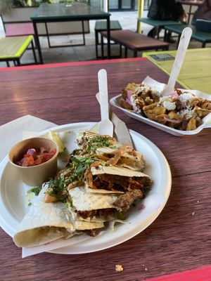 Seitan Barbacoa Quesadilla & Spicy Potatoes  at Antojitos - Edinburgh Street Food in Edinburgh