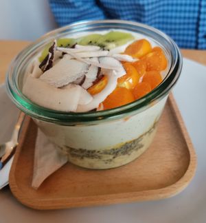 Muesli with vegan yoghurt, mango, coconut at Annegrete in Dusseldorf