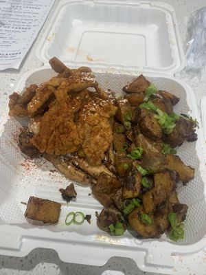 Brunch combo plate - fried mushrooms over French toast and delicious potatoes  at Mush - Pop-Up in Brentwood
