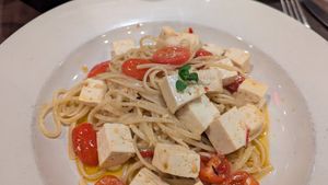 Vegan version of tagliatelle agli scampi at Pasta Fresca in Reno