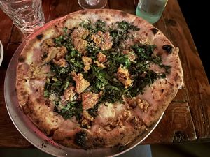 Vegan Greenpointer pizza with Vegan sausage added to it.  at Paulie Gee's - Greenpoint in Brooklyn