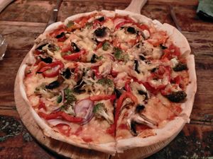 Dairy free veggie pizza at O'Flynns Irish Pub in Hanmer Springs